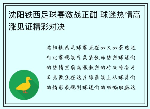 沈阳铁西足球赛激战正酣 球迷热情高涨见证精彩对决