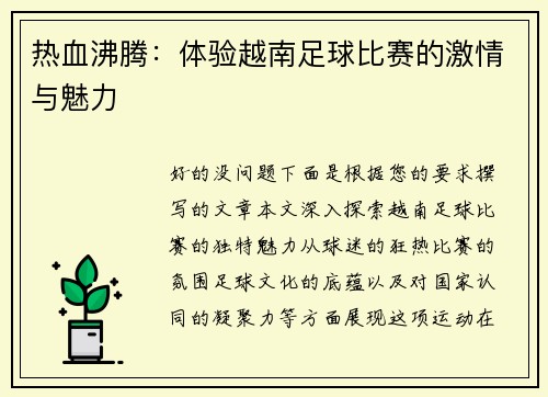 热血沸腾：体验越南足球比赛的激情与魅力