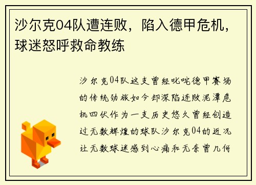 沙尔克04队遭连败，陷入德甲危机，球迷怒呼救命教练