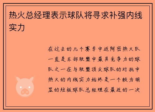 热火总经理表示球队将寻求补强内线实力
