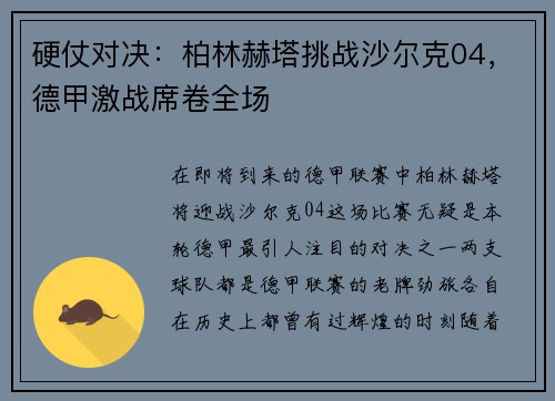 硬仗对决：柏林赫塔挑战沙尔克04，德甲激战席卷全场